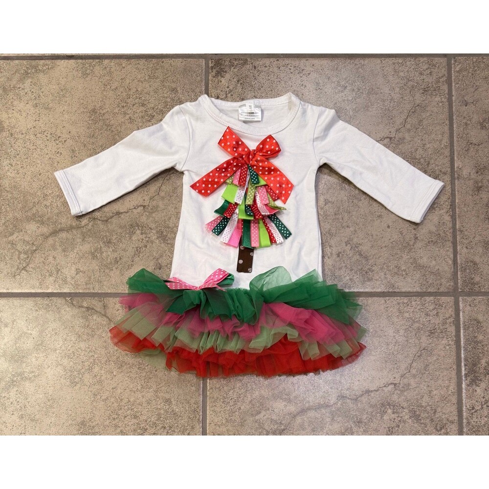 Baby Girls Size 0-6 M Holiday Shirt Christmas Tree Ribbon Tutu Skirt